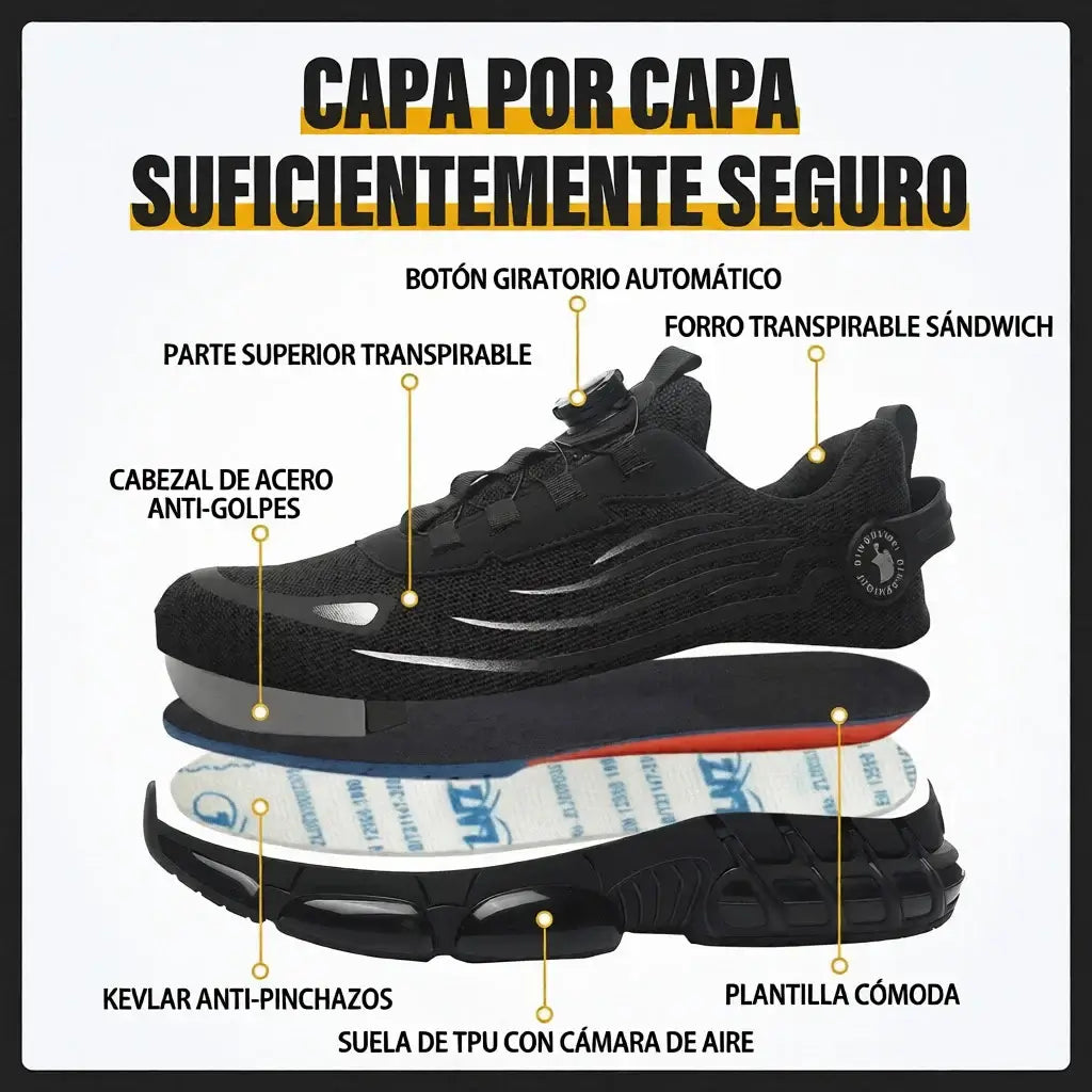 Calzado de seguridad con cierre rotativo, con características como parte superior transpirable y suela cómoda.