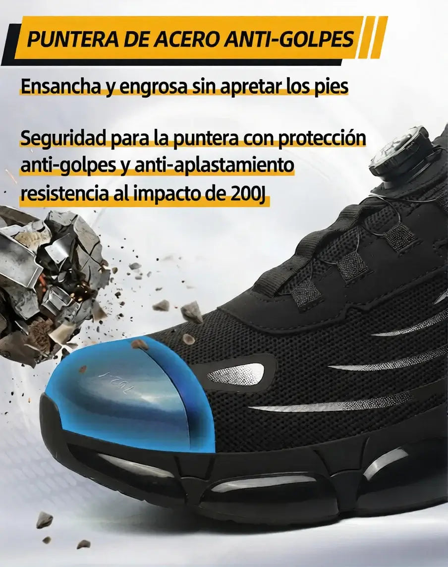 Calzado de seguridad con cierre rotativo, puntera de acero anti-golpes que ofrece protección y resistencia al impacto de 200J.